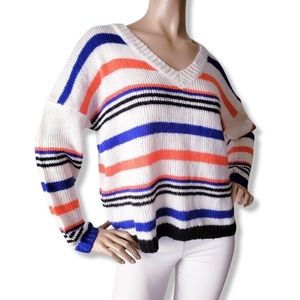 Kye Mi Blue, Black,  White & Orange Multi Striped Dolman Sleeve V-Neck Sweater